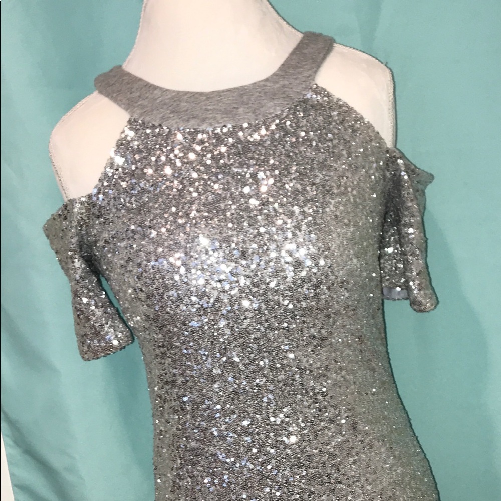 Silver sequin cold shoulder party dress